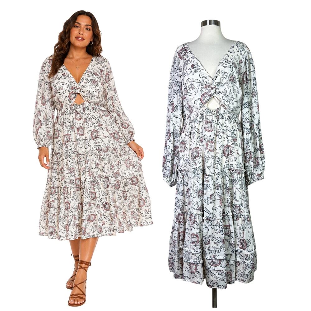 Torrid | FESTI Paisley Floral Twist Front Cutout White Boho Midi Dress Size 2 2X